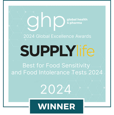 Supply Life food sensitivity and food intolerance test kit, which won the 2024 Global Excellence Awards for Best for Food Sensitivity and Food Intolerance Tests